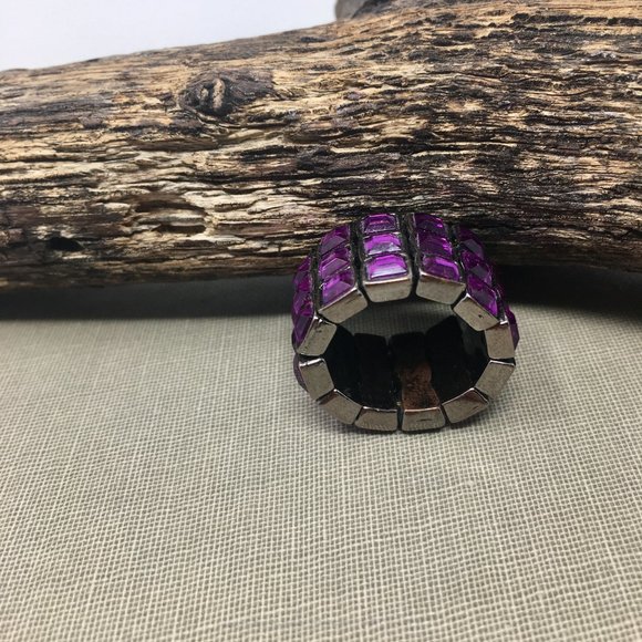 Expandable Purple Faceted Acrylic Tiny Square Pewter Tone Bar Wide Stretch Ring - Picture 10 of 16